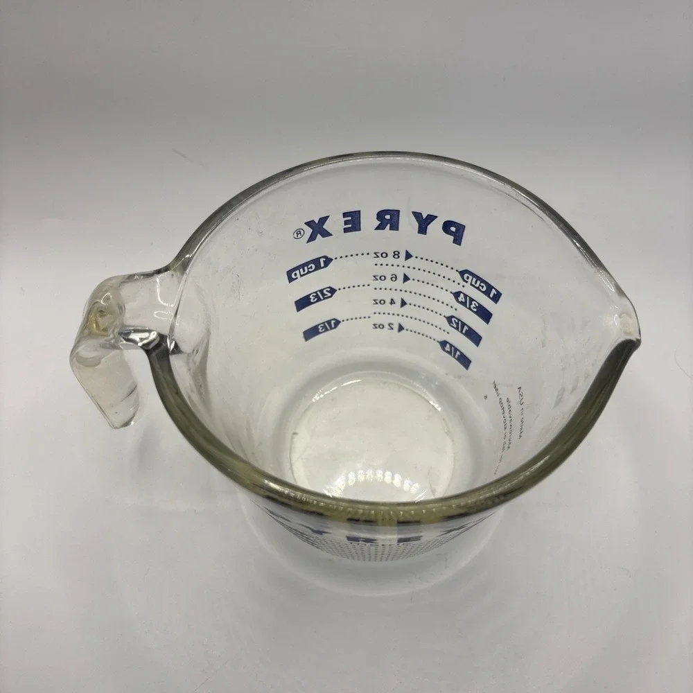 Vintage PYREX 1 cup glass measuring cup blue lettering retro kitchen all caps